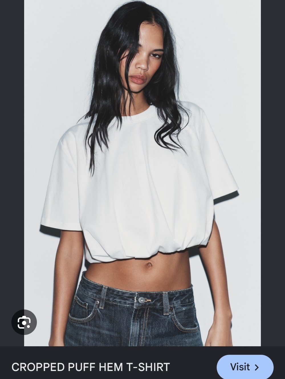 Zara White Cropped Puff Hem T-Shirt